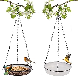 HRAYLTOP 2er Set Vogelfutterspender zum Aufhängen (18x18x3cm,∅18cm)-Metall Vogelfutterhaus für Vögel-Vögel futterstelle zur ganzjährigen-Vogeltränke hängend für Wildvögel im Garten product image
