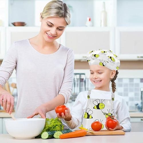 Miniatura 5 de Cute Animals Bee - Delantal y sombrero de chef para niños, juego de 3 delantales de cocina con bolsillos para niñas