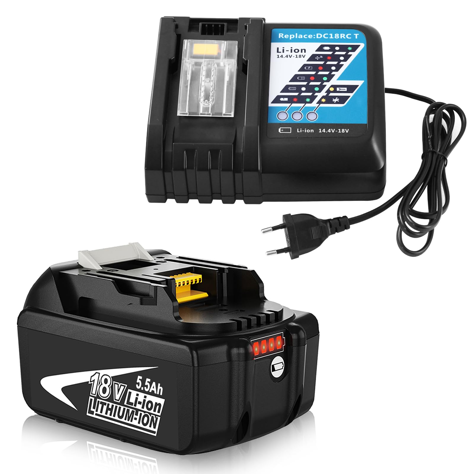 Batterie Remplacement pour Makita 18V 5.5Ah+3A Chargeur pour Makita Batterie 18V BL1850 BL1840 BL1830 BL1820 BL1815 et Chargeur DC18RA DC18RC DC18RD (White)