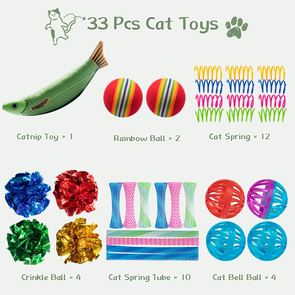 Katzenspielzeug, 33 Stück, entzückendes interaktives Sorten-Set für Katzen und Kätzchen, mit Katzenminze-Spielzeug, Knisterbälle, Katzenballspielzeug, Federn zur Reduzierung von Angst und