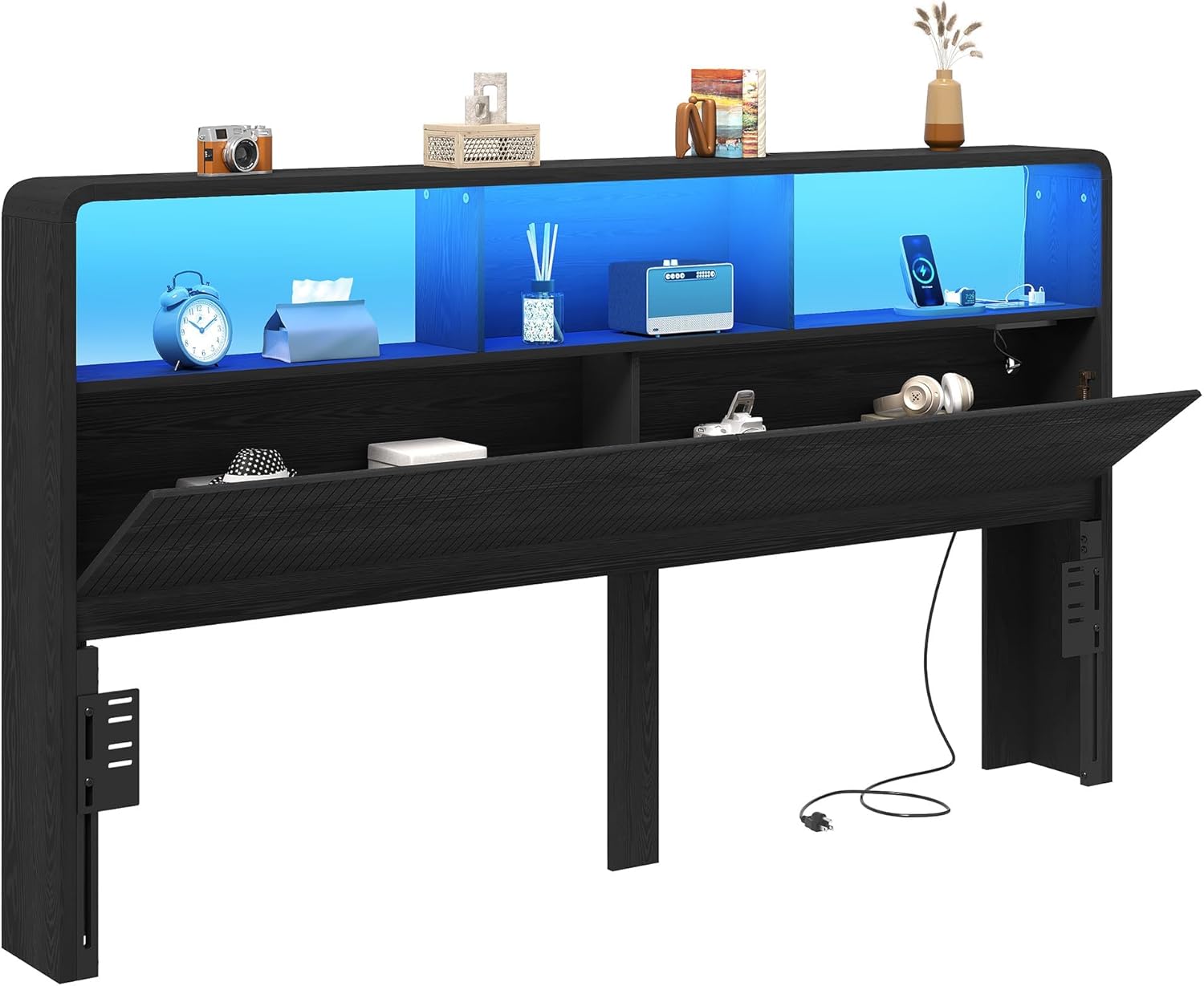 King Headboard Only, 78.7" Wide Wooden Headboard King Size, Modern Farmhouse Head Board with Outlets & USB Ports, Wall Mounted Headboards with Color-Changing LED Lighting, Black