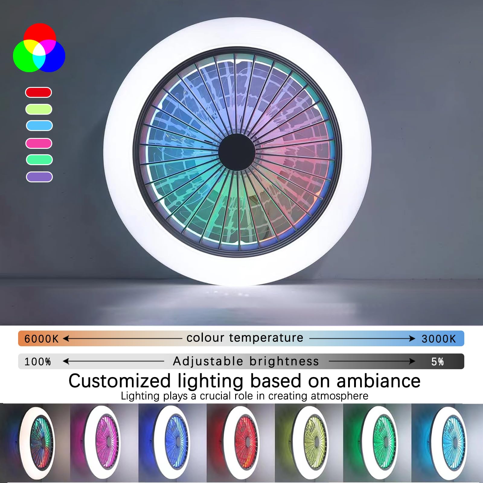 Plafoniera Ventilatore con Telecomando 6 Velocità Ventilatore da Soffitto con Luce,Tempistica Motore DC Silenzioso Lampadario Ventola LED Dimmerabile RGB per Camera da Letto,Cucina