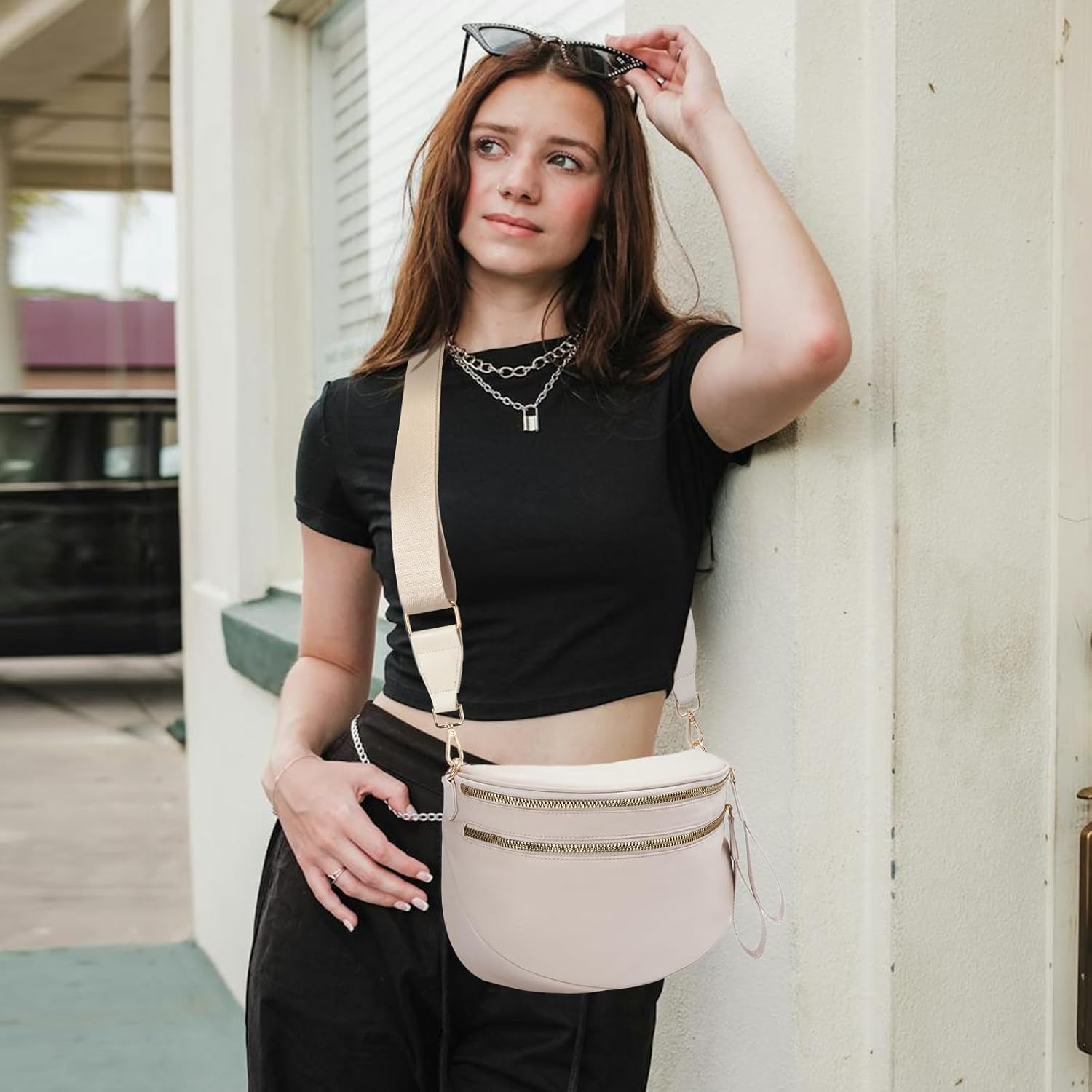 Nylon Crossbody Bags Bum Bag for Women Large Sling Bag Purse with Adjustable Strap(Beige) - Image 2