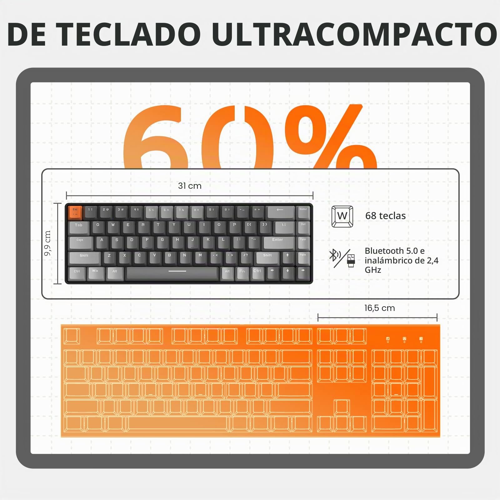 YINDIAO K68 60% Teclado Mecánico Inalámbrico para Juegos,Bluetooth 5.0/2.4Ghz,diseño de América,Mini Teclado Compacto de 68 Teclas con USB A/Type C Receptor,Hot Swap,Interruptor Rojo (Gris Oscuro)