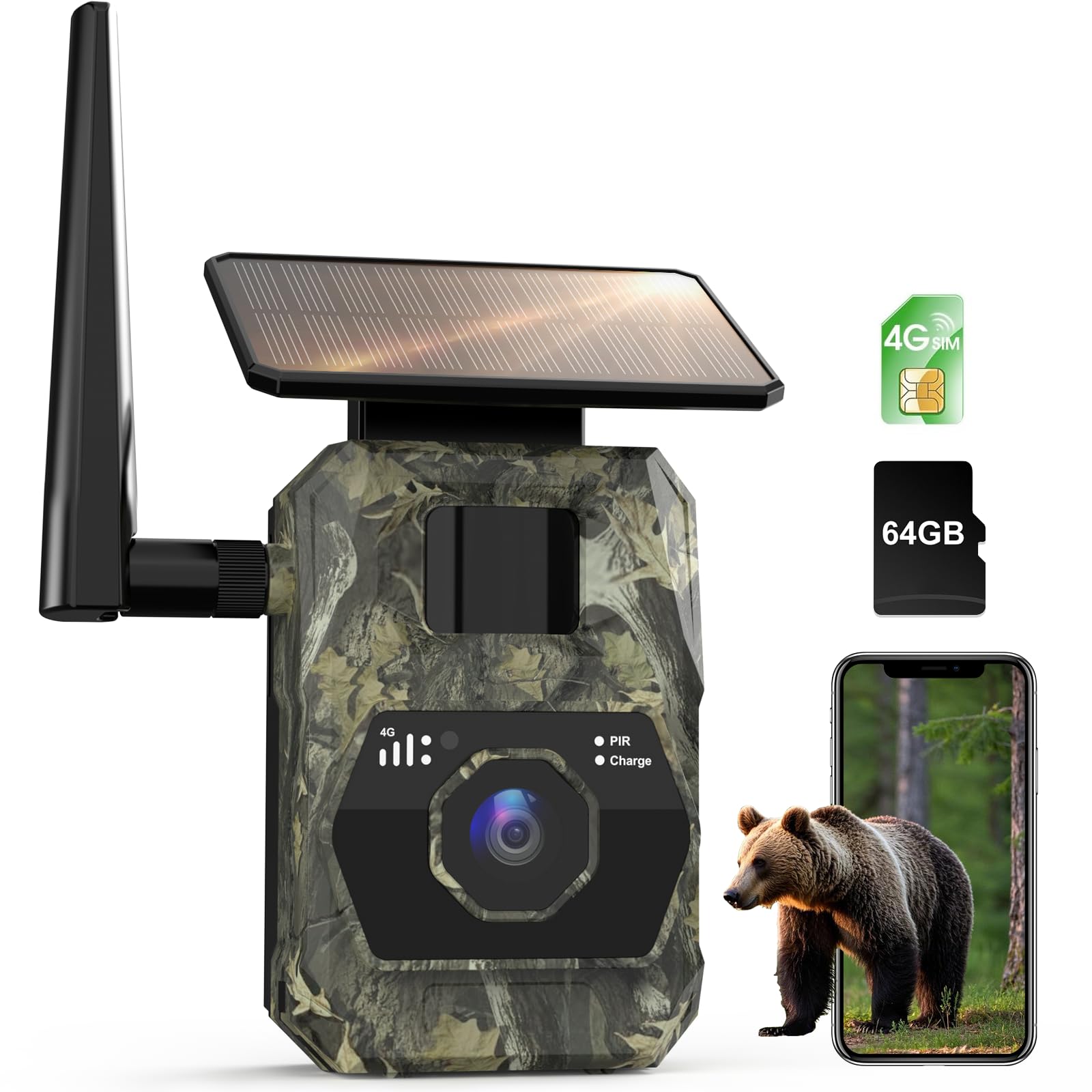 Cellular Trail Camera with Solar Panel, 2K Live Video, Colorful Night Vision, No WiFi Needed, 4G LTE SIM Card, 64G SD Card, 0.2S Trigger Motion