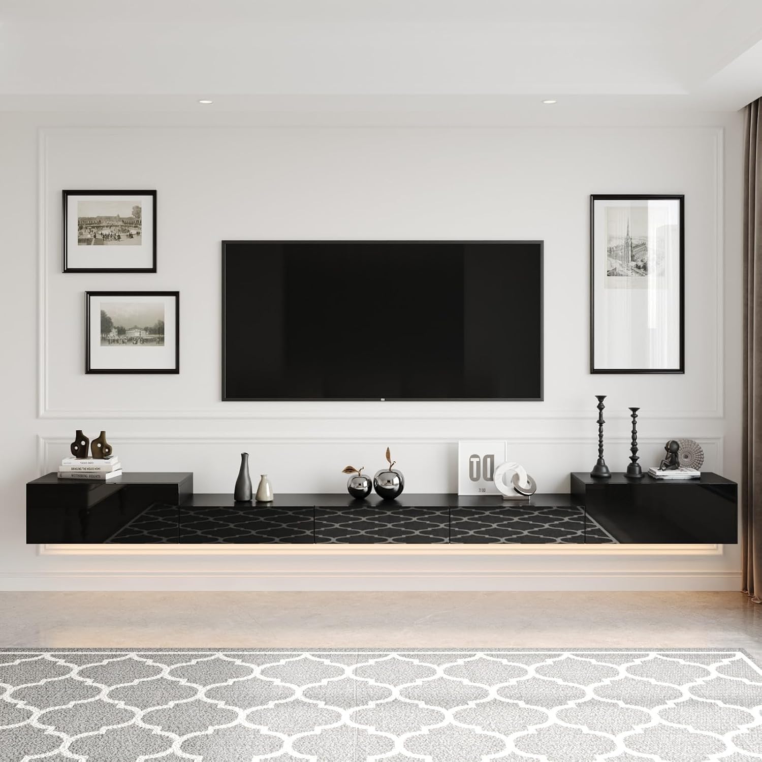 MOUMON Floating TV Console mounted on a wall in a living room setting without a TV above it