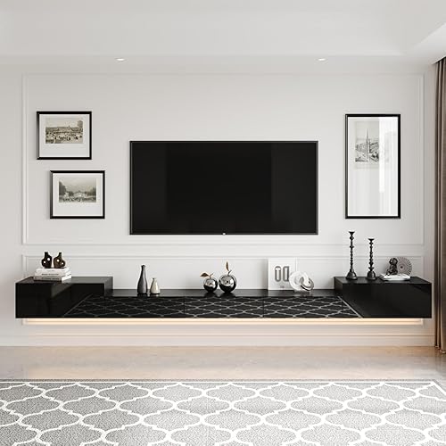 Miniatura 2 de MOUMON Consola de TV flotante con cajones y luces de alto brillo, moderno soporte de TV montado en la pared, centro de medios flotante para sala de