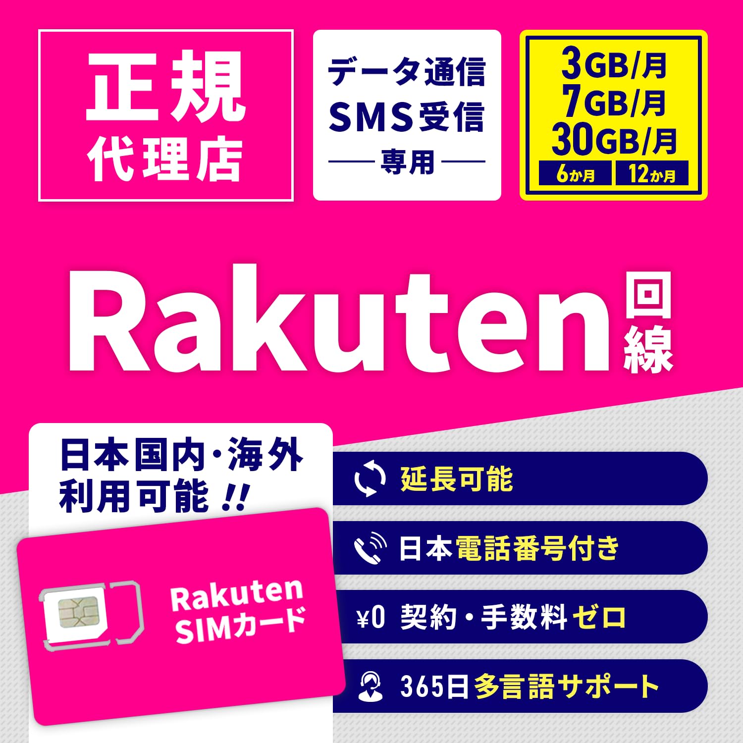 【RAKUTEN回線 SIMカード】国内海外利用可能 6ヶ月 7GB/月 電話番号付き SMS認証可能 通話不可 高速データ通信 テザリング 国内SIM プリペイドSIM SIMフリー 国内旅行 国内出張 海外旅行 海外出張 通勤 通学