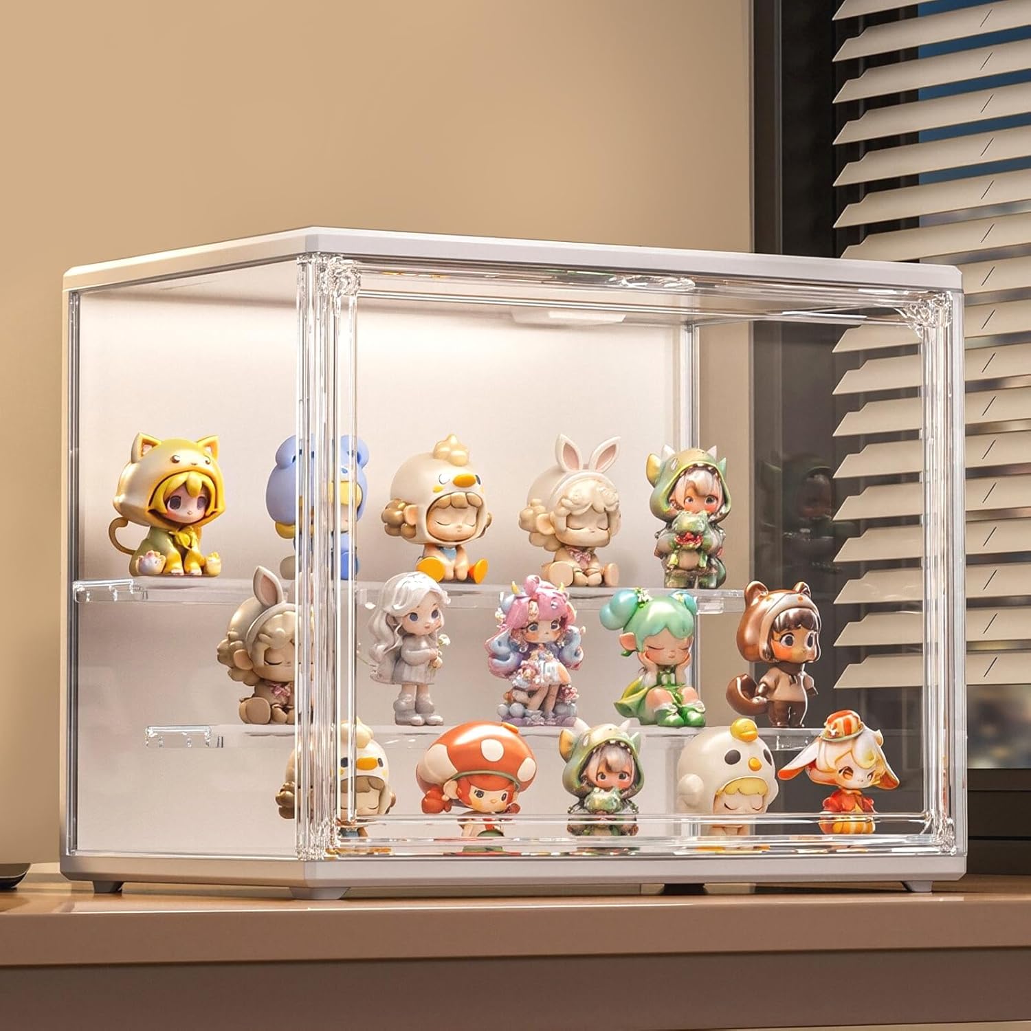 Acrylic Display Case with Light, Clear Showcase with Adjustable Shelf Risers, Stackable Storage Bins for Collectibles, Action Figure, Popmart (L-3 Pack)