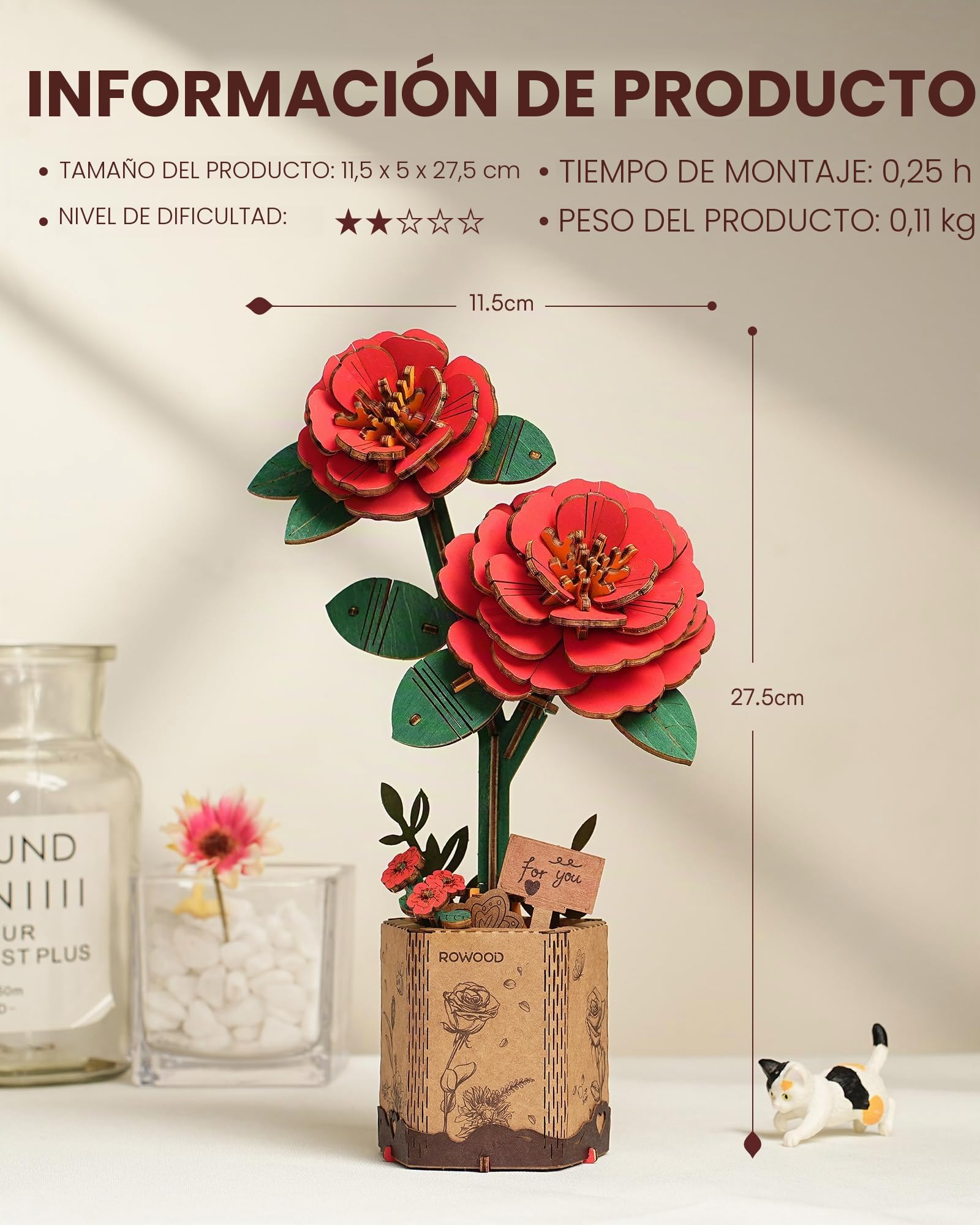 rowood Puzzle 3D DIY Flor de Madera Maqueta de Flores Artificiales para Montar Adultos (Red Camellia)