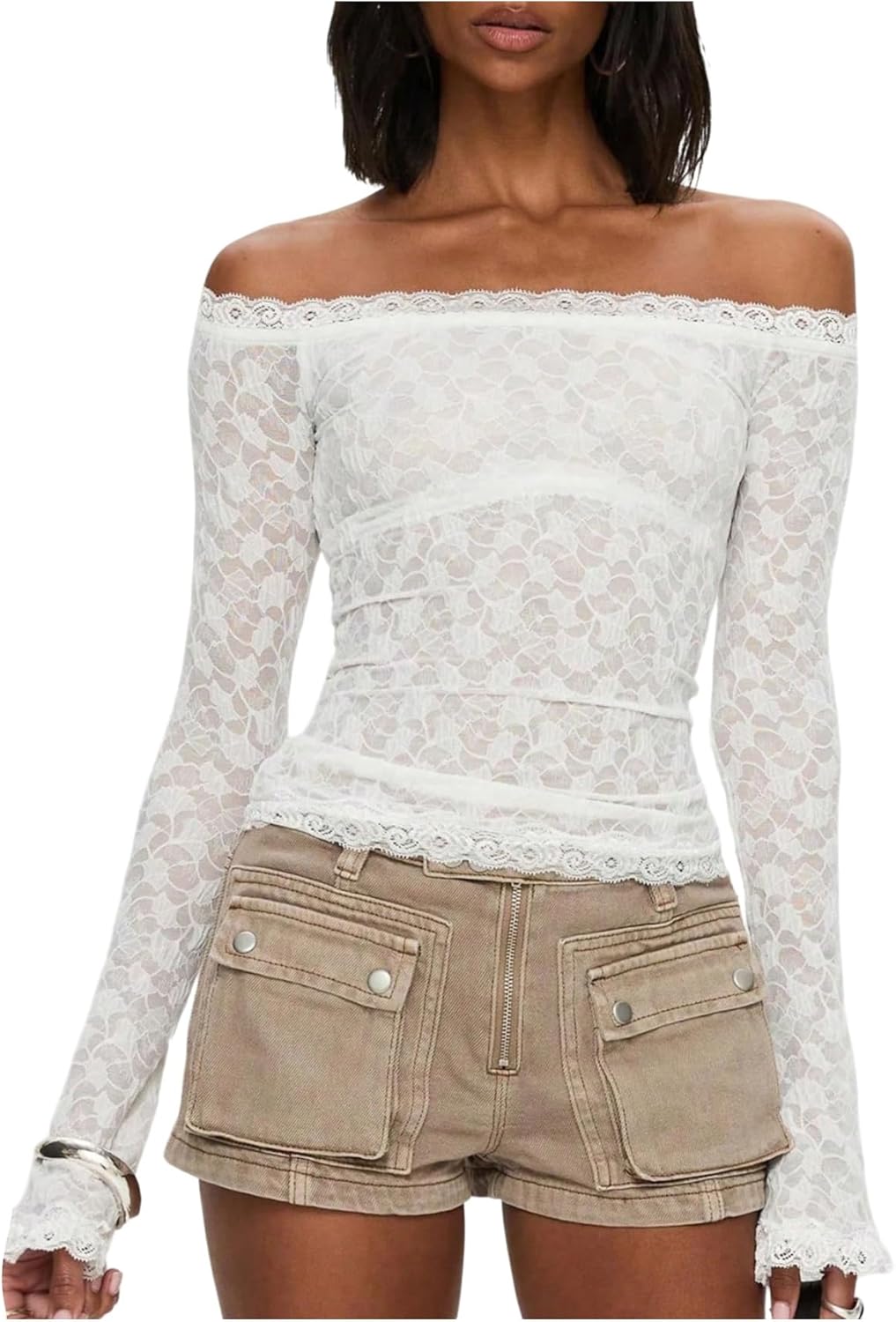 Floerns Women's Floral Lace Off Shoulder Tops Long Sleeve Ruched Mesh Date Night Tee Tops