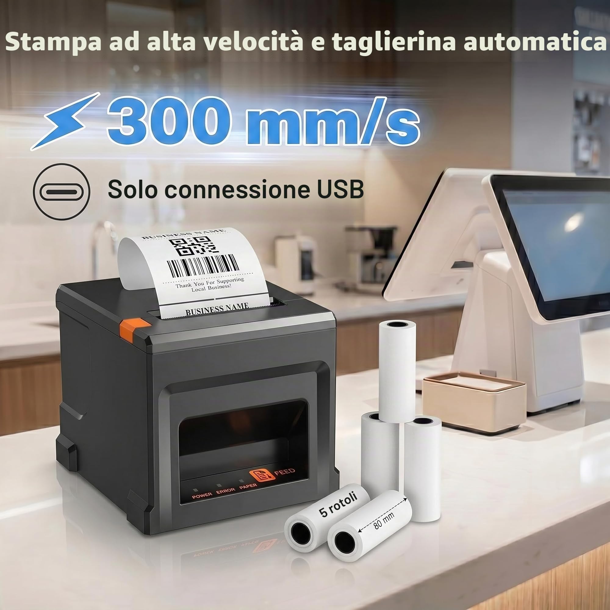 Stampante termica USB da 80 mm per ricevute di cassa – velocità massima di 300 mm/s, alimentazione auto, facile configurazione Windows per gastro e vendita al dettaglio (POS)