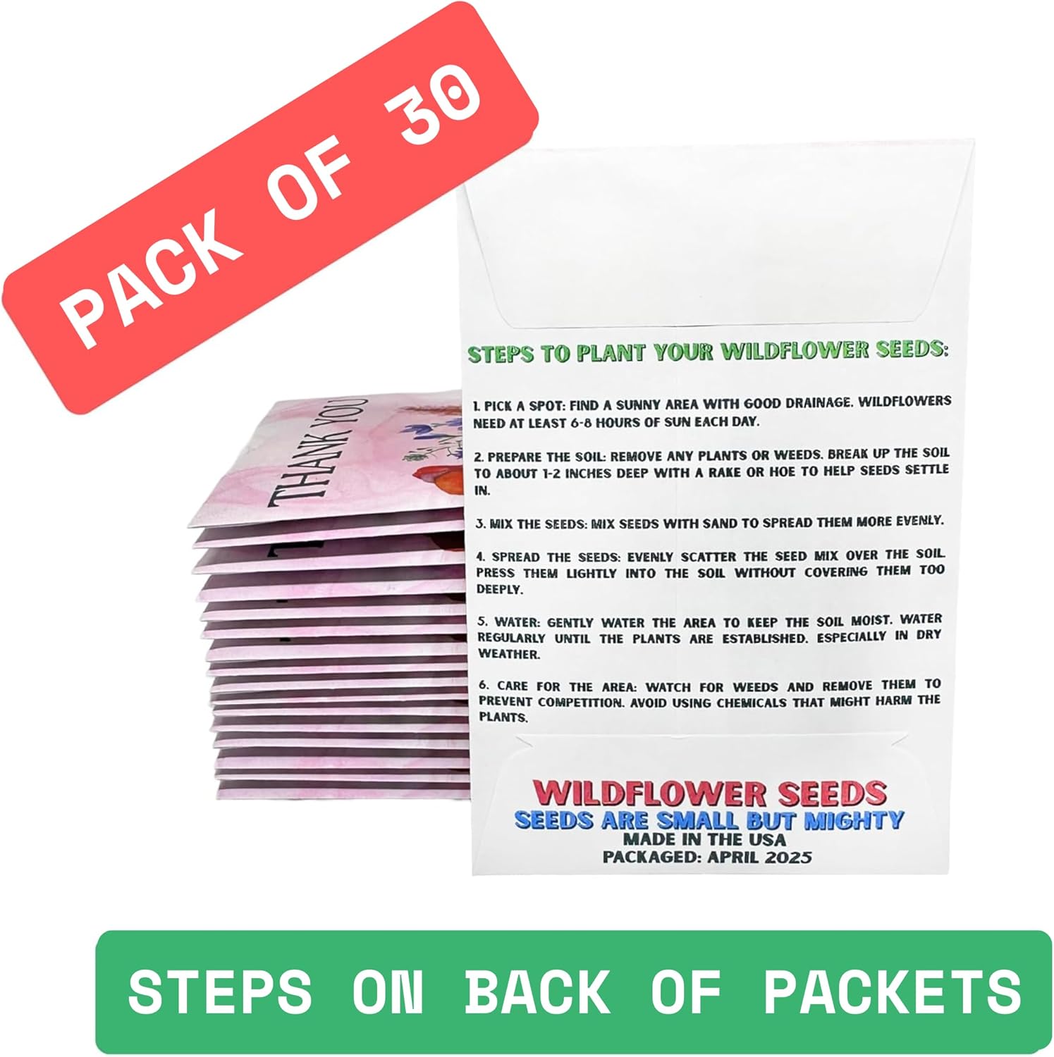 Wildflower Seed Packets Thank You Bunches Party Favors (Pack of 30) - Express Gratitude with a Wildflower Seed Mix, Great Addition or Alternative to Thank You Cards