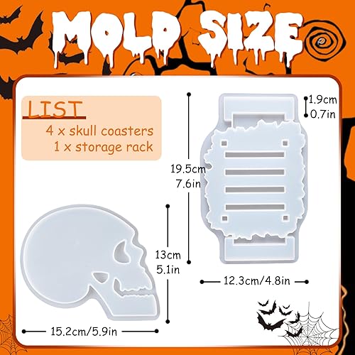 Miniatura 2 de Moldes de silicona para posavasos de Halloween, 4 piezas con 1 molde de soporte a juego, alfombrilla de resina epoxi, soporte para velas de