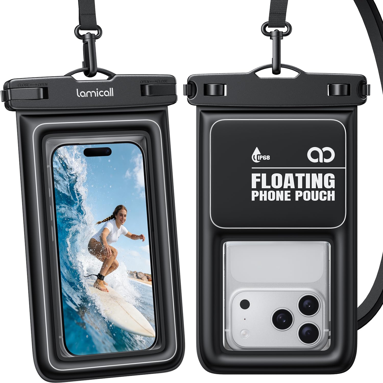 Lamicall IP68 Floating Waterproof Phone Pouch - [2 Pack][Anti-Pop Lock] Dustproof Cell Phone Dry Bag Case with Lanyard, Beach & Cruise Essentials Gifts for iPhone 17 16 15 Pro Max, Galaxy S25, 4-8.5"