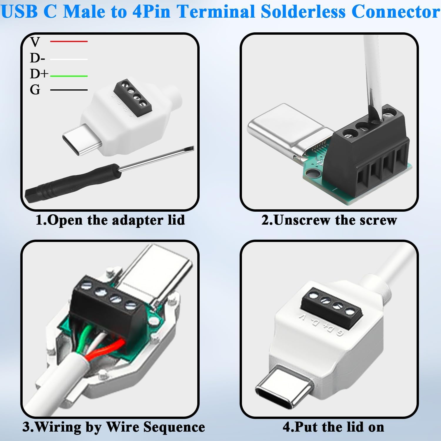 QIANRENON USB C 4Pin Quick Charging Solderless Connector PD 60W USB Type C Male to 4Pin Terminal Data Adapter USB C Crimp No Solder Plug 480Mbps 20V3A, for DIY Repair USB A-C Charge Cable