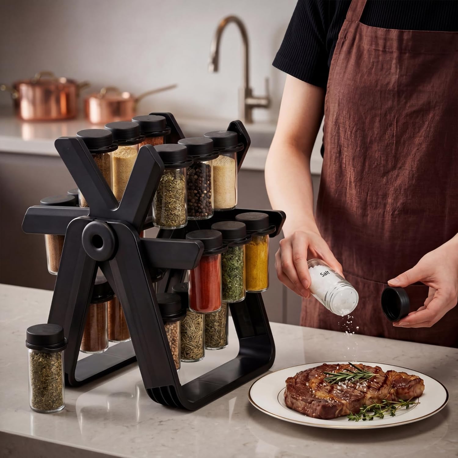 Carrusel de especias giratorio 360° con 21 tarros de especias negros, estante para especias con tarros y organizador de especias para tu cocina, set B (botella de plástico)