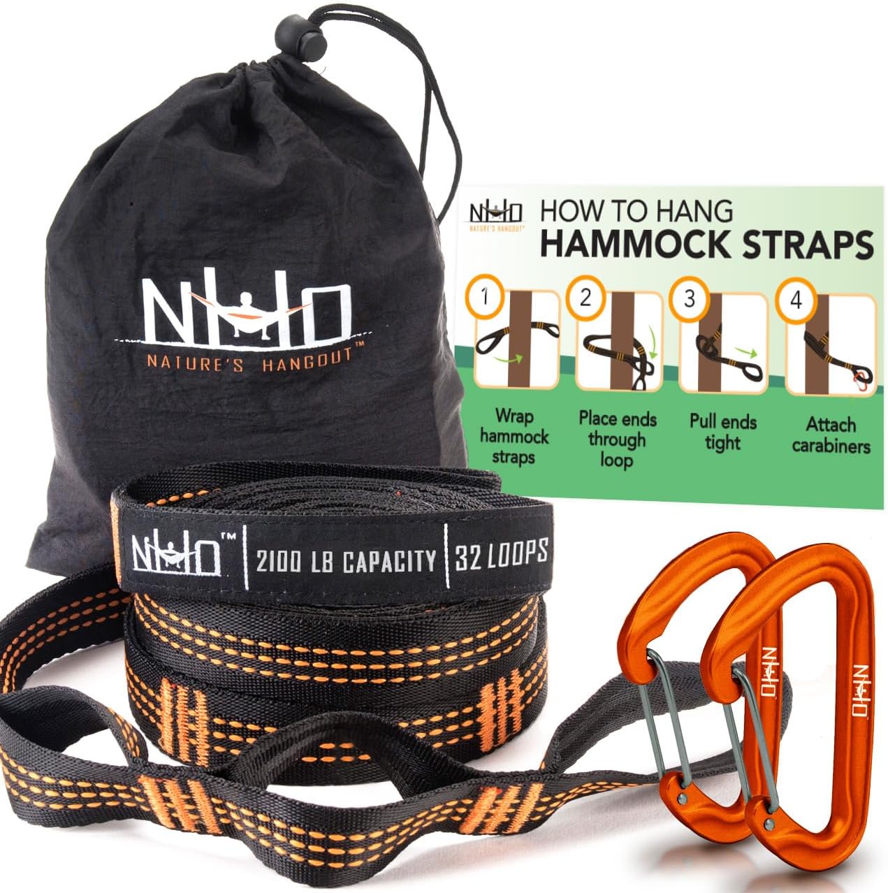 Hammock Straps for Trees with 2 Carabiners - 10 FT Tree Swing Strap - Rope Hammock 2100+ LBS Heavy Duty 32 Loops & No Stretch Camping Hammock Tree Straps - 20 FT Combined Hammock Hanging Kit