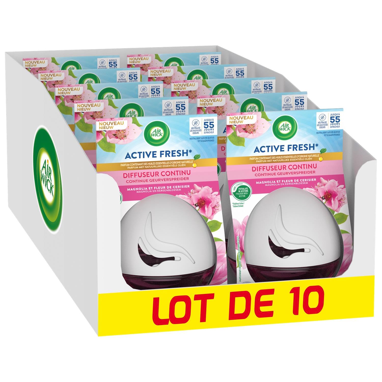 Air Wick Lot de 10 Diffuseurs Continus Active Fresh Magnolia - Flacon de 75 ml