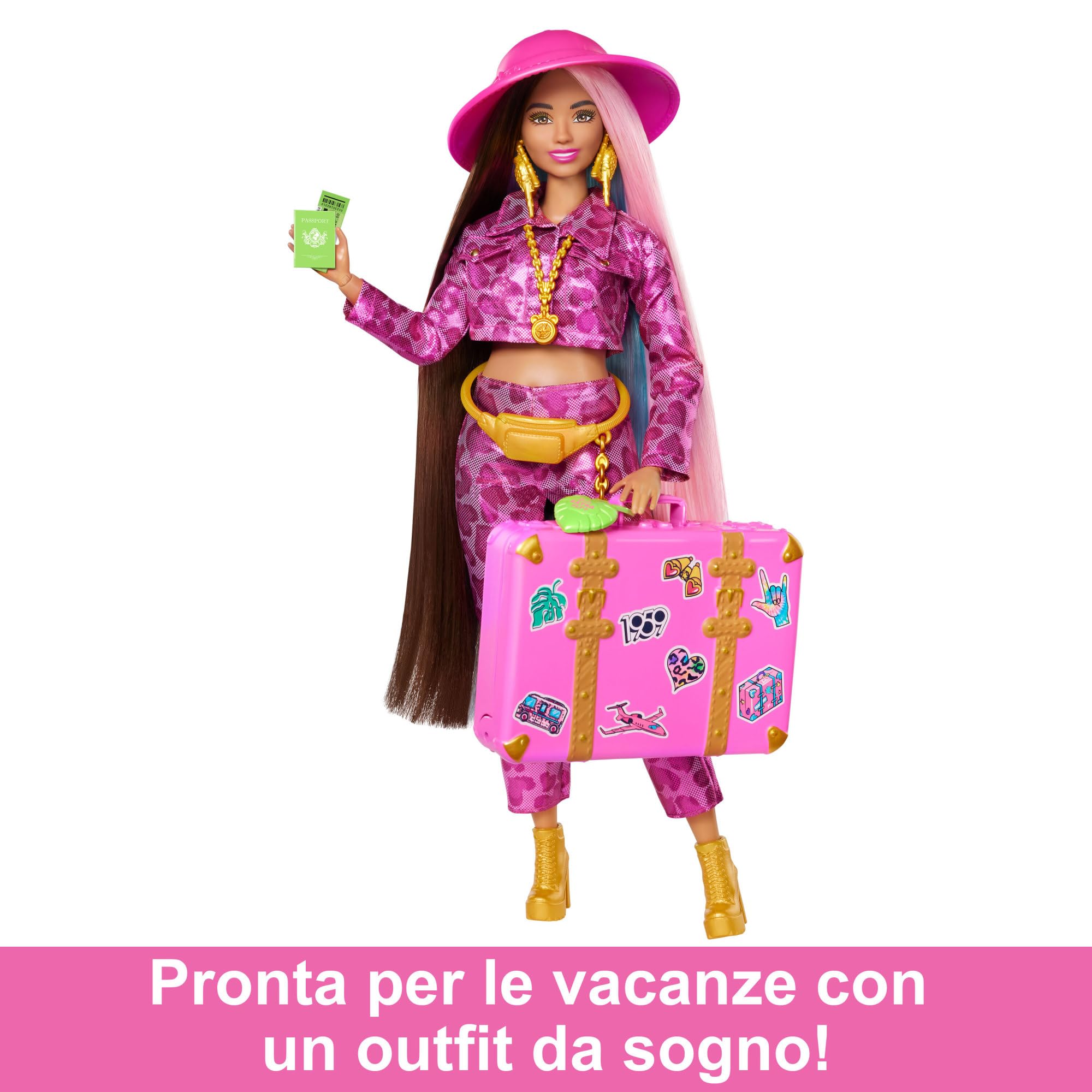 Barbie - Extra Fly, Bambola con Look Safari, Abito Rosa alla Moda con Stampa Animalier e Valigia Rosa, 15+ Accessori a Tema Inclusi, Giocattolo per Bambini, 3+ Anni, HPT48