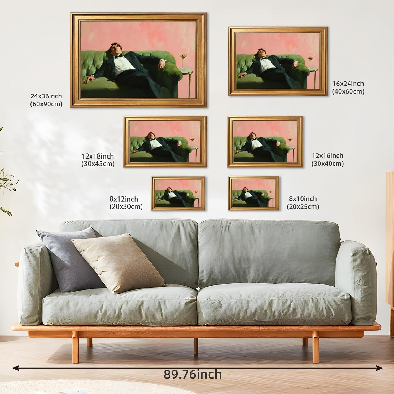 Framed Man on Couch with Martini Wall Art Soft Tonal Oil Painting Cocktail Poster Relaxing Bar Cart Decor Trendy Vintage Aesthetic Canvas Print Picture for Home Room Kitchen Lounge 24x36inch Gold