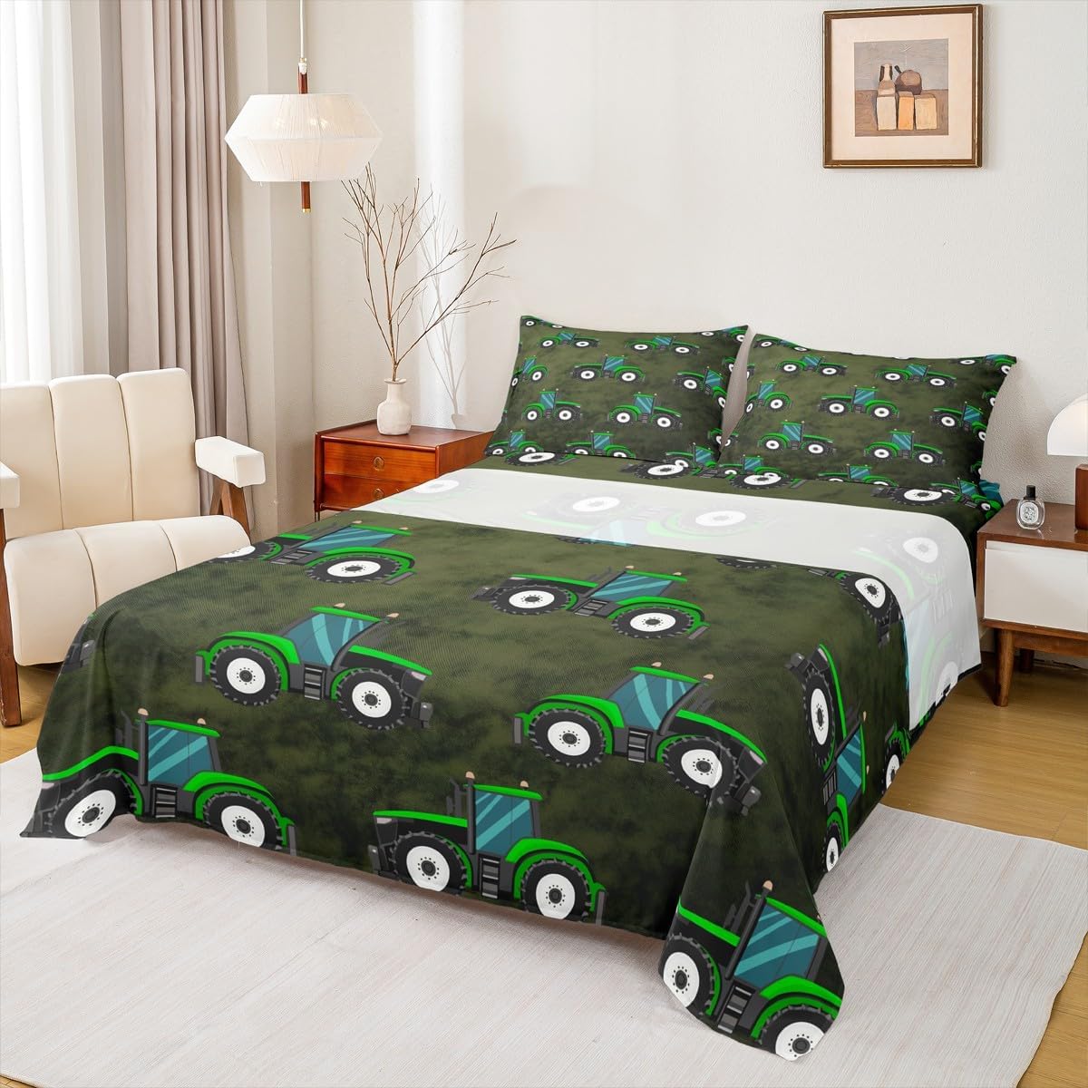 Erosebridal Green Truck Bed Set for Kids Toddler Watercolor Tractor Bed Sheets Set, Construction Vehicle Sheet Set King Hand Drawn Cartoon Sheets, Car Themed Top Sheet Boys Girls Gfits