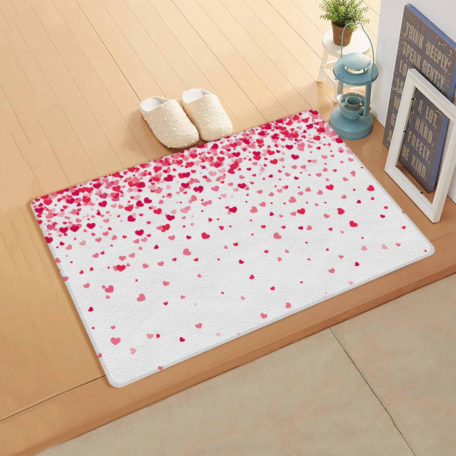 Valentine's Day Kitchen Bath Door Mat Cushioned Runner Rug,Washable Welcome Floor Sink Antifatigue Mat,Waterproof & Non-Slip Comfort Standing Doormat,Red Sweeping Love Heart Simple White 24