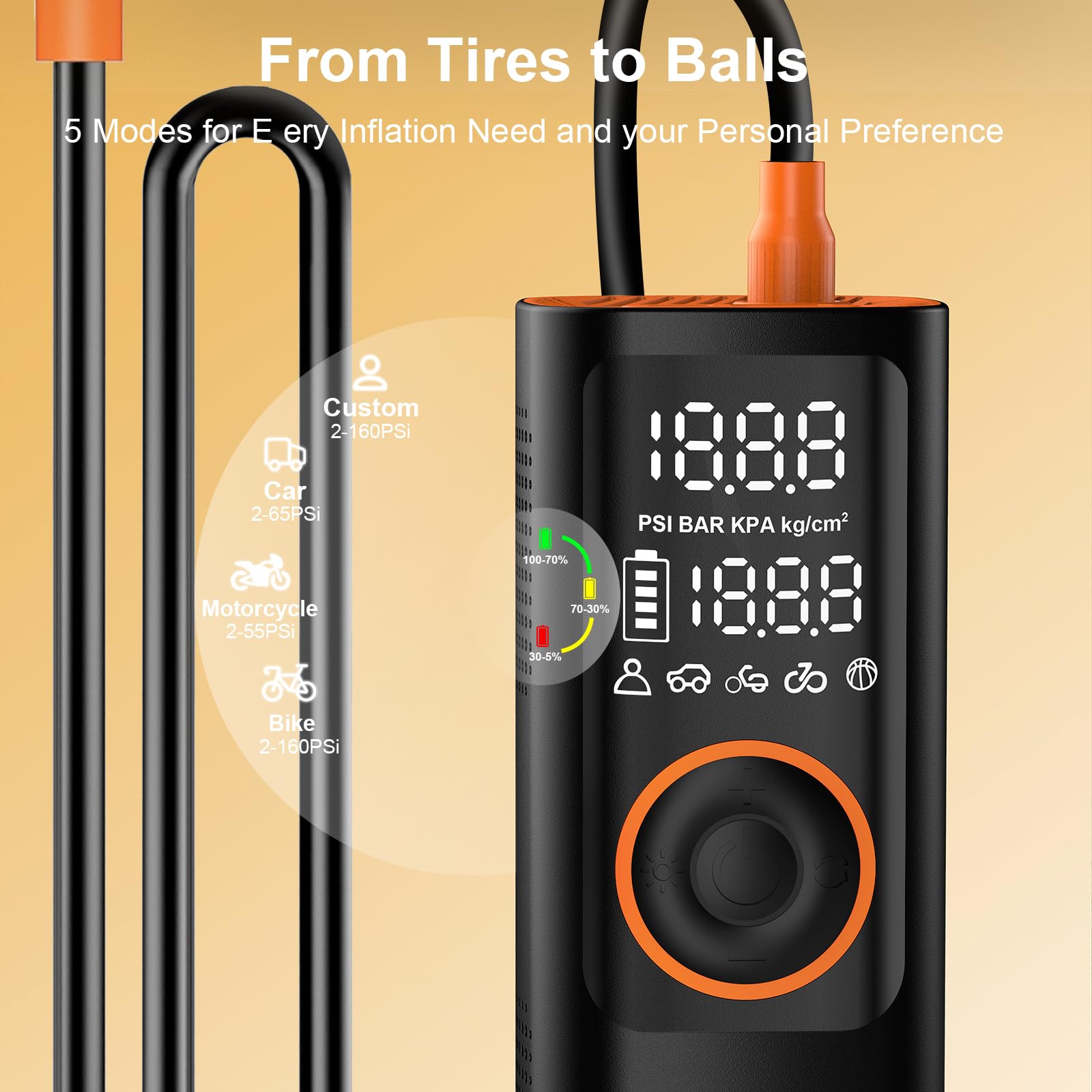 Gonfleur pneus compresseur d'air Portable - 150 PSI sans Fil, Batterie 7800mAh & Double Alimentation 12V DC, gonflage Rapide 25L/Min, arrêt Automatique, lumière LED. pour Voiture, vélo, Moto, Ballons