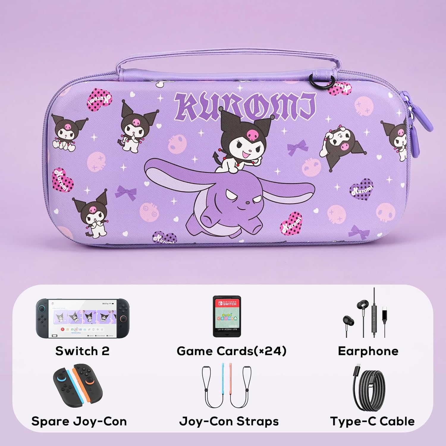 TIKOdirect Carrying Case for Switch 2 (2025), Cute Portable Travel Bag with 12 Game Card Slots & Shoulder Strap, Hard Shell Portable Carrying Case with Large Capacity, Purple