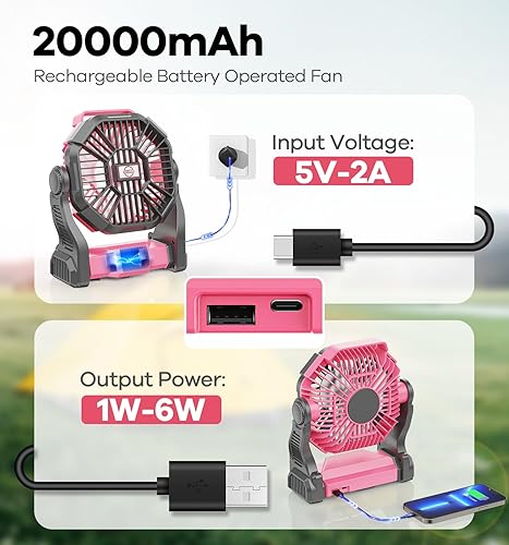 Miniatura 2 de Ventilador de camping portátil con batería de 20000 mAh, con luz LED, funciona con batería silenciosa, equipo de campamento para viajes, tienda de