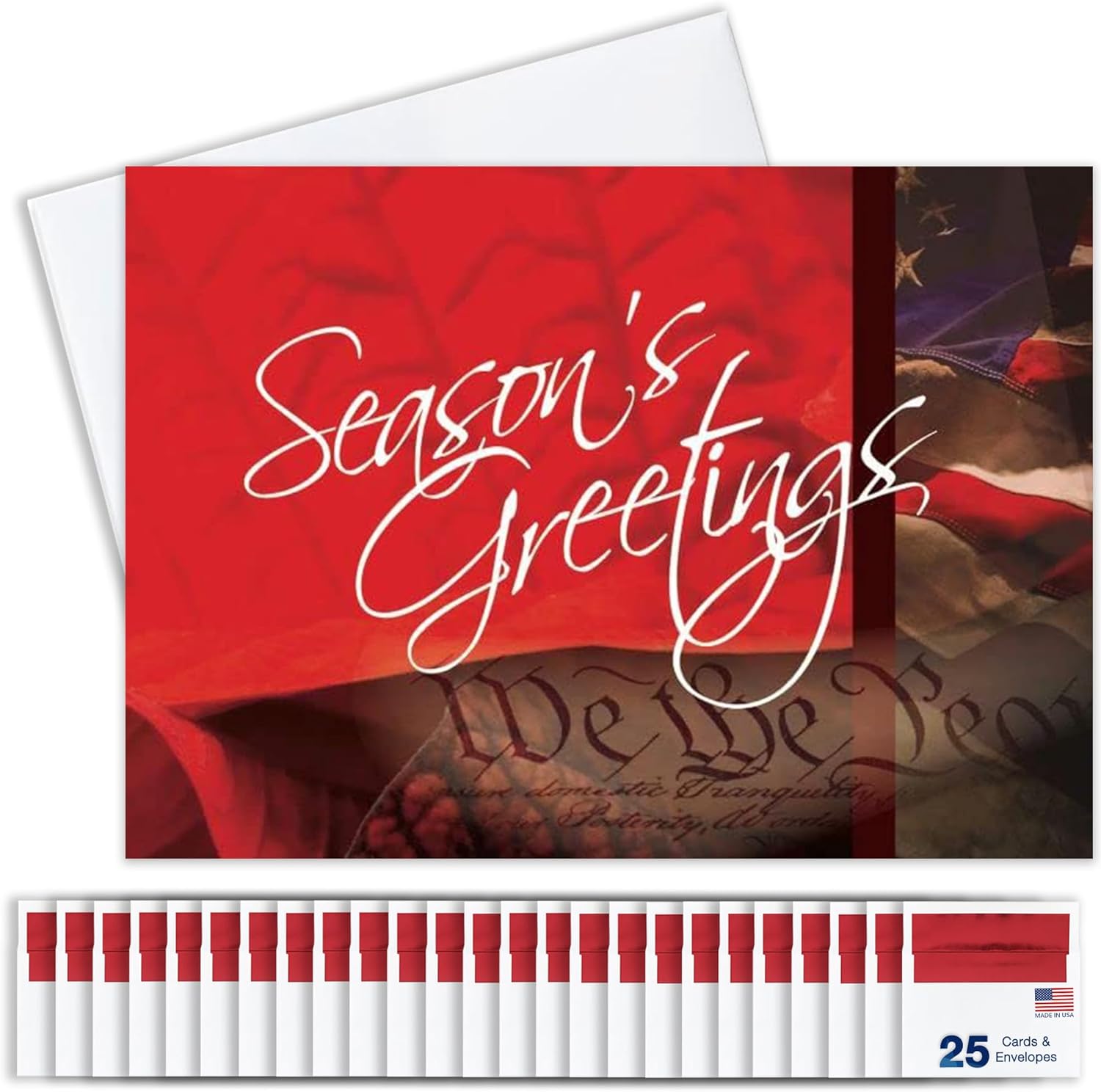 Season’s Greetings Cards for Business & Family (American Flag) Bulk Greeting Card Set Pack of 25 Christmas Cards with Envelopes (5x7 inch - A7) Great for Office, Work, Employees & Clients H1025
