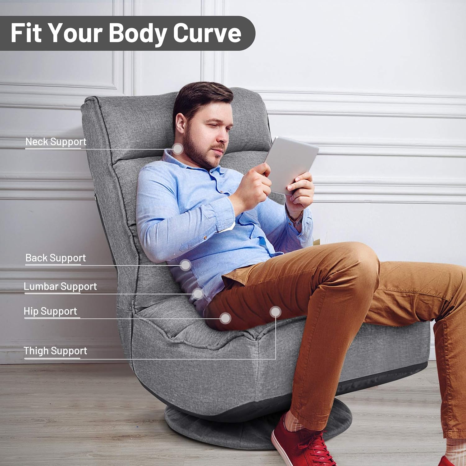 Rainfally 360-Degree Swivel Floor Sofa Chair, Folding Gaming Chair w/ 5-Position Adjustable Backrest & Comfortable Sponge, Padded Lazy Sofa Lounge Chair for Reading, TV Watching or Gaming (Gray)