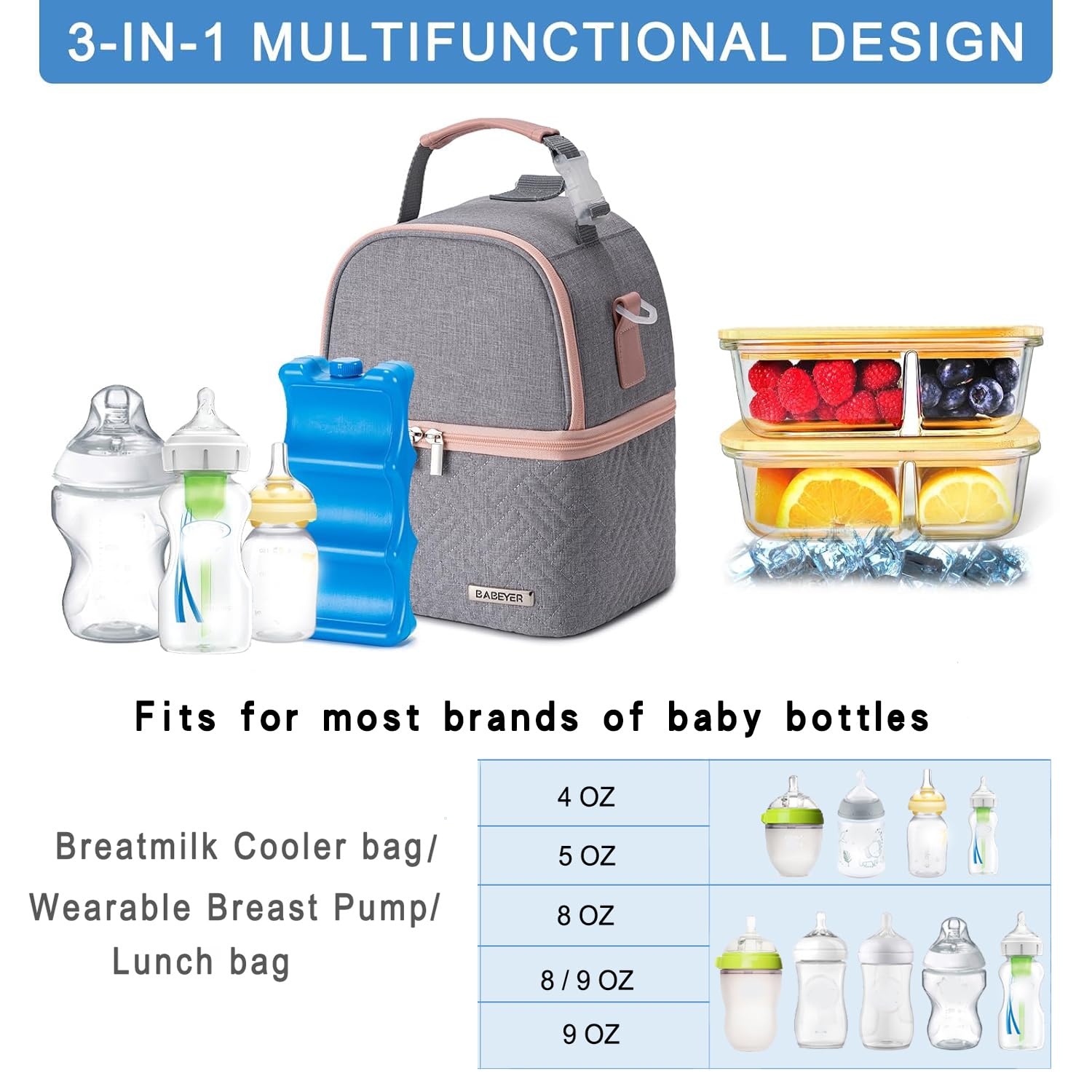 Breastmilk Cooler Bag with Ice Pack Fits 6 Baby Bottles up to 9 Ounce, Breast Milk Pump Cooler Bag with Shoulder Strap for Nursing Mom Daycare, Work, Travel- Grey
