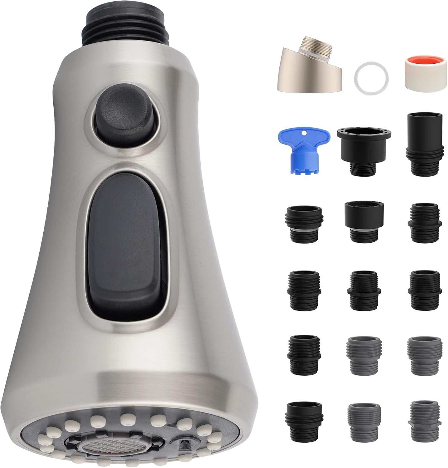 iFealClear Universal Pull Down Kitchen Faucet Head Replacement, 3 Function Anti-Splashing Faucet Head for Kitchen Sink, Kitchen Faucet Head Replacement Female Thread with 15 Adapters, Brushed Nickel