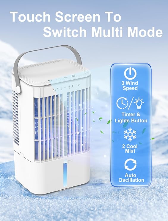 Portable Air Conditioner, 1200mL Evaporative Air Cooler, Personal Mini Air Conditioner with 3 Speeds & 2/4H Timer, 120 Oscillating Portable Ac Unit Fan Small Air Conditioner for Home Office Room