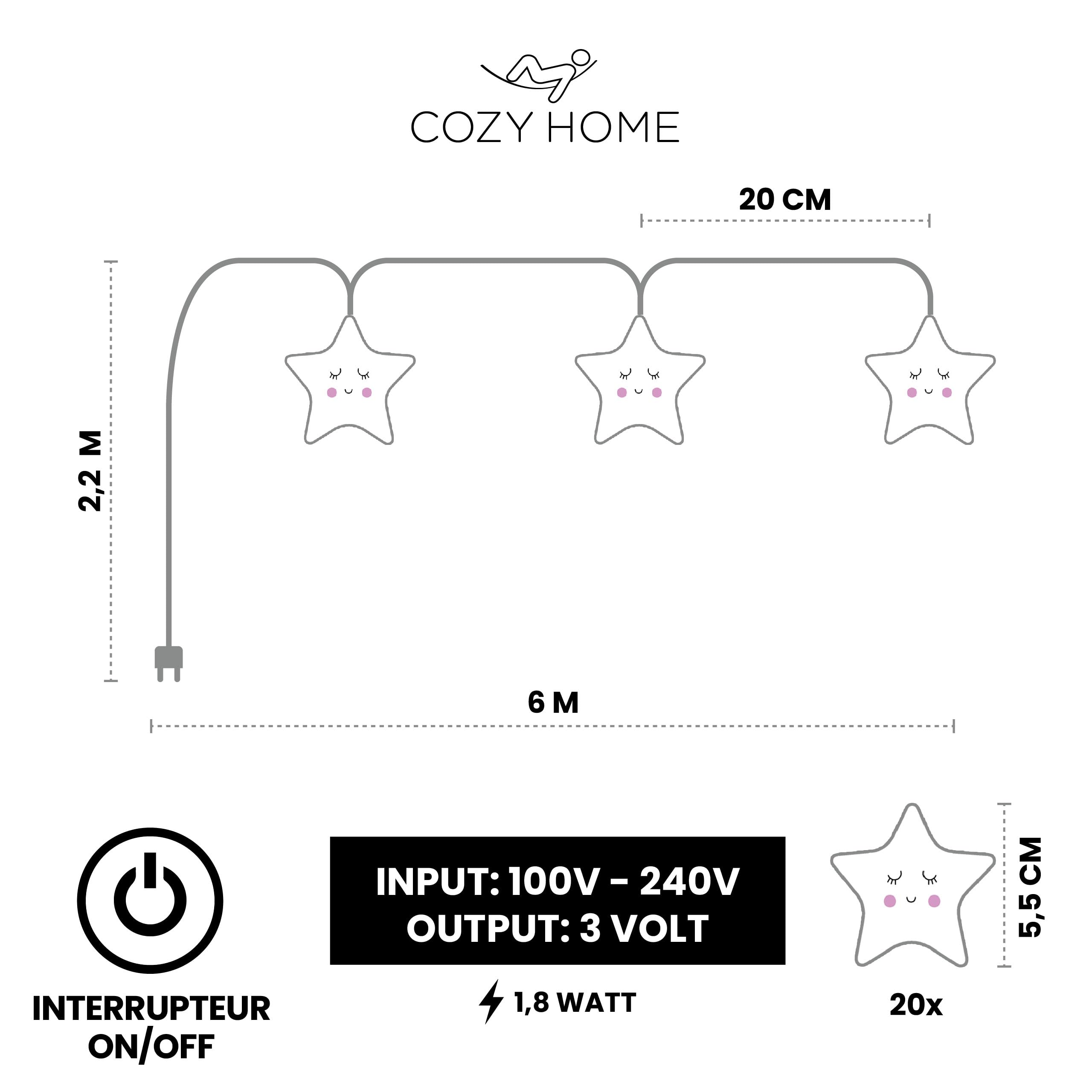 CozyHome Guirlande lumineuse intérieur étoile enfants - 20 LED blanc chaud | 6 mètres I Avec fiche I Guirlande lumineuse chambre I Guirlandes lumineuses interieur I Fairy lights decoration Girlande