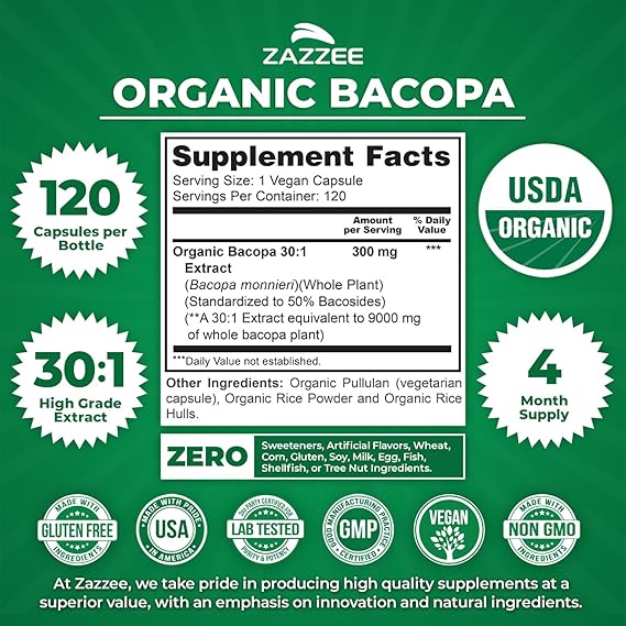 Zazzee USDA Organic Bacopa 30:1 Extract, 50% Bacosides, 120 Vegan Capsules, 4 Month Supply, Bacopa Monnieri, Cognitive, Brain & Memory Support, Non-GMO, Organic Herbal Supplement, Made in the USA