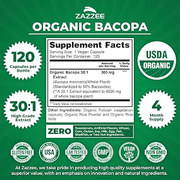 Zazzee USDA Organic Bacopa 30:1 Extract, 50% Bacosides, 120 Vegan Capsules, 4 Month Supply, Bacopa Monnieri, Cognitive, Brain & Memory Support, Non-GMO, Organic Herbal Supplement, Made in the USA