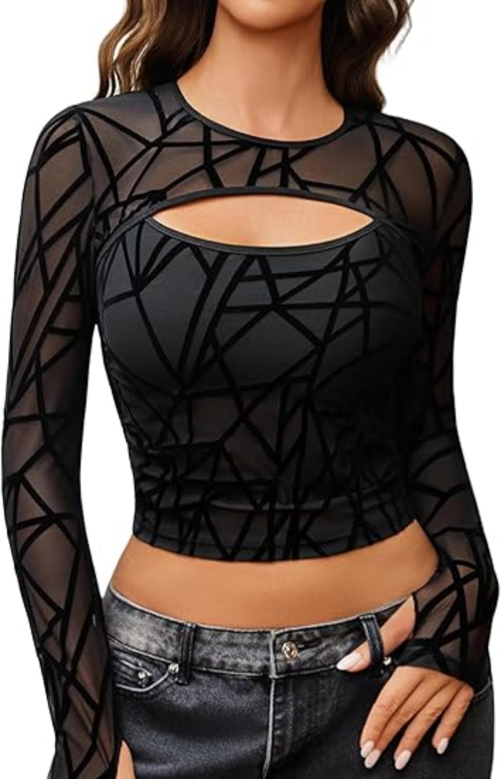 Avidlove Damen Mesh Crop Top Sexy Langarm Oberteil Netz Festival Outfit | Durchsichtiges Top,Ausschnitt Design im Brustbereich,Ärmel mit Daumenlöchern,Elastische Spitzegewebe,Freizeit Party Clubwear