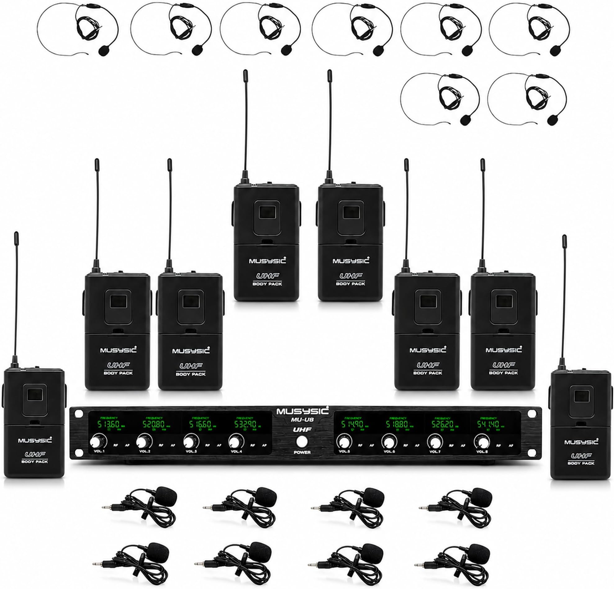 MUSYSIC Professional 8-Channel UHF Wireless Lavalier Microphone System | 8 Bodypack Transmitters & 8 Lav Mics, 500-580MHz, 300ft Range, Ideal for Church, School, Conference, Large Events