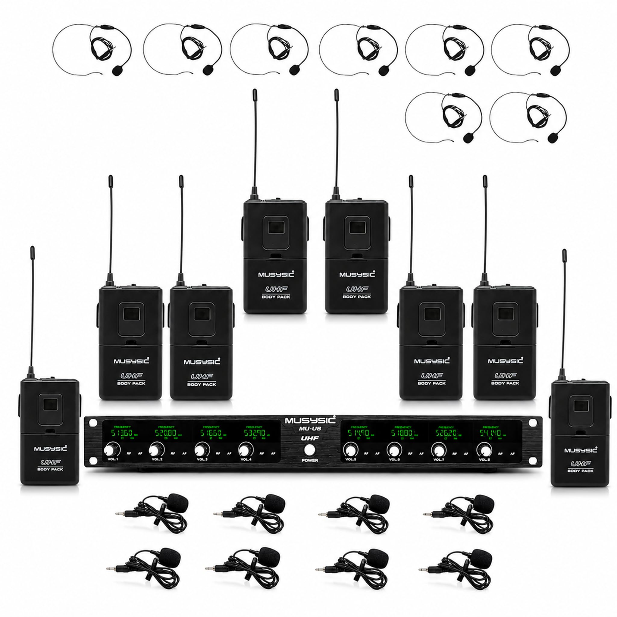 MUSYSIC Professional 8-Channel UHF Wireless Lavalier Microphone System