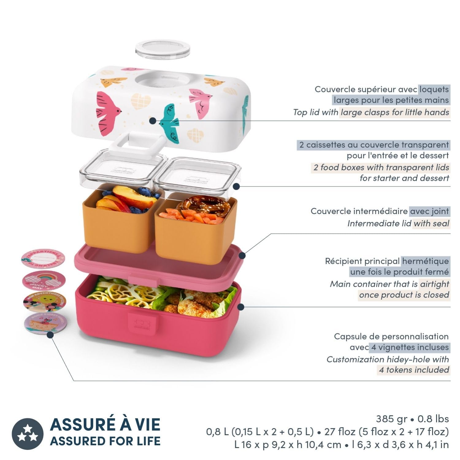 monbento - Fiambrera Infantil con Compartimentos MB Tresor rosa Birds - Lonchera para Niños Ideal para Escuela/Picnic - Sin BPA - Personalizada y Segura - Lunch Box Niños Rosa con Motivo Pájaros