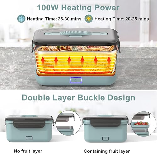 Miniatura 3 de Calentador de lonchera eléctrico para alimentos, calentador de alimentos 2 en 1, para automóvil y hogar, a prueba de fugas, 2 compartimentos, 1