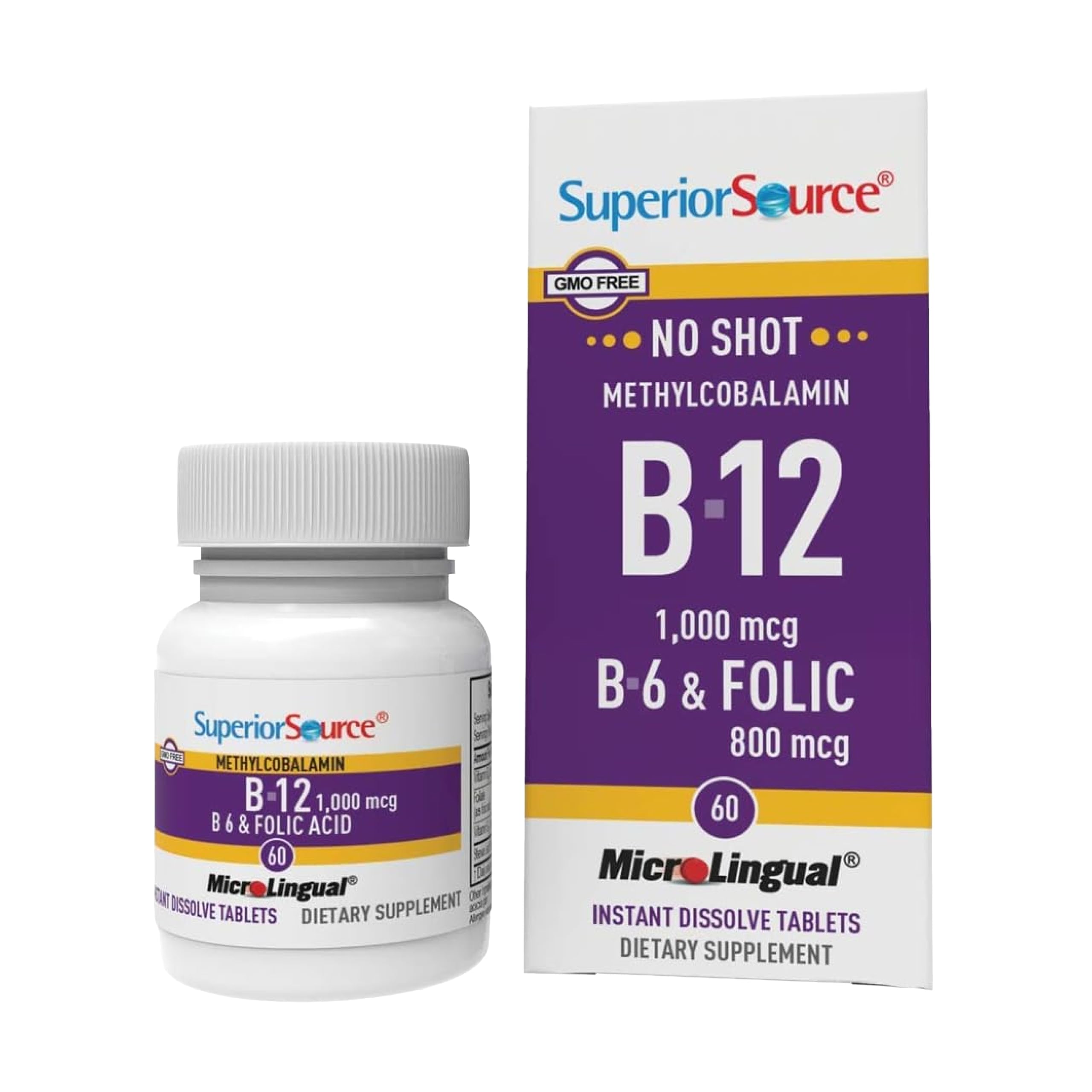 Superior Source No Shot Vitamin B-12 Methylcobalamin 1000 mcg, B-6 & Folic Acid 800 mcg - Supports Brain & Heart Health - Aids Natural Energy Levels - 60 Sublingual Dissolving Tablets Unflavored 60 Count (Pack of 1)