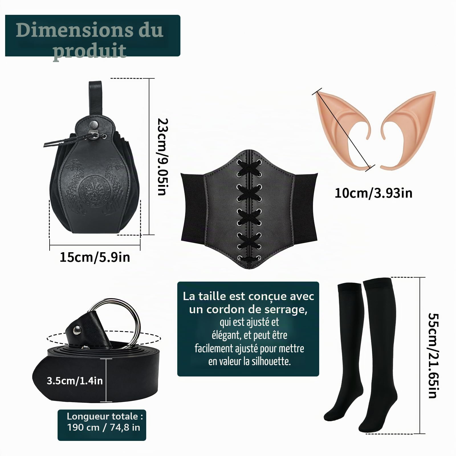 Lot de 8 robes médiévales pour femme - Robe irlandaise traditionnelle Renaissance avec oreilles d'elfe - Robe de cosplay victorienne d'Halloween