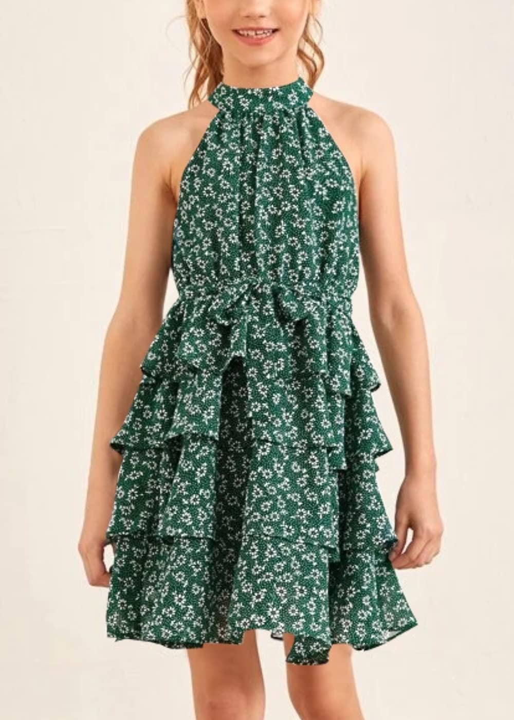 Imily Bela Girls Floral Ruffle Dress Halter Neck Kids Chiffon Summer Party Dress with Belt - Image 2