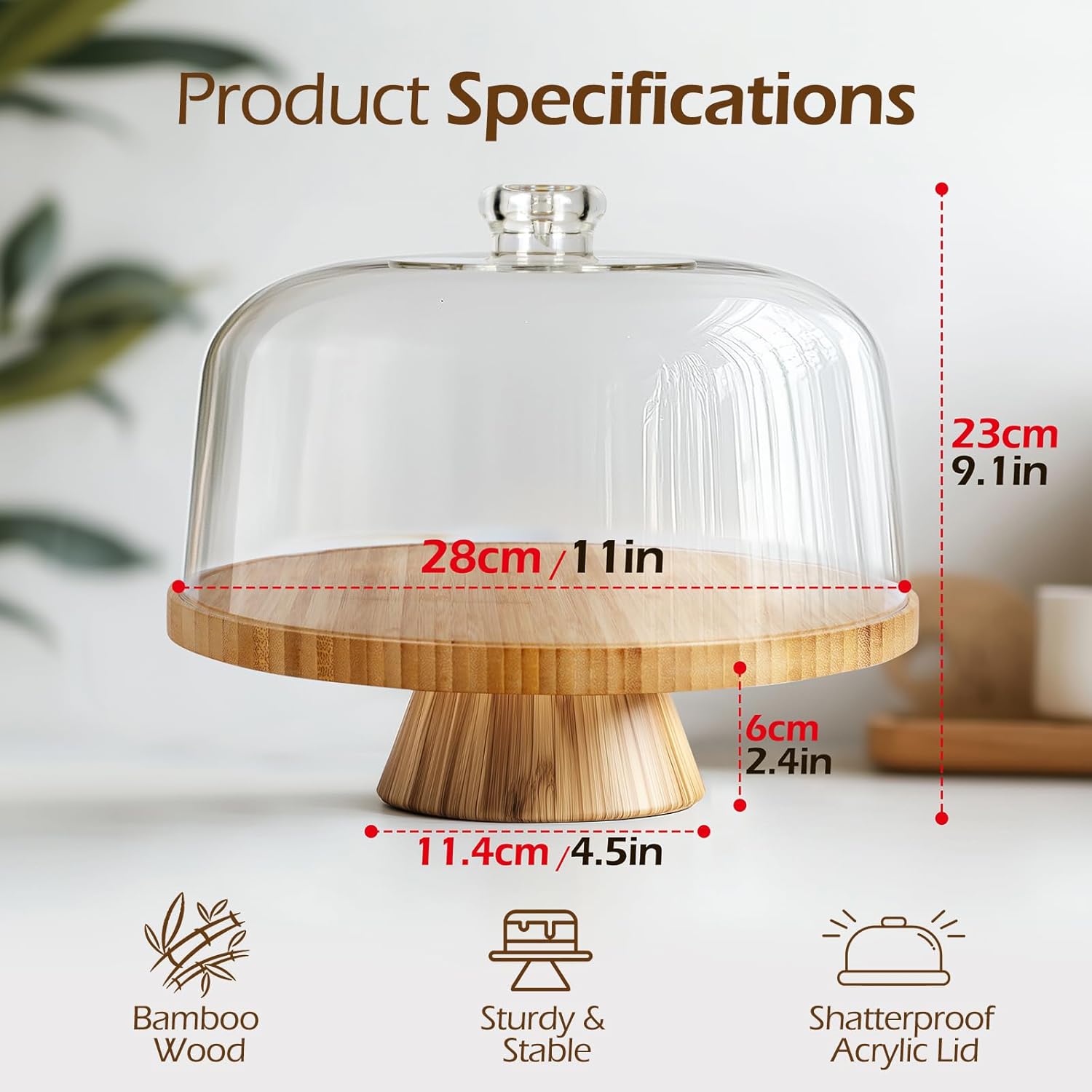 MASTERTOP Cake Stand with Dome Cover - 6 in 1 Cake Stand with Lid, Multi-Functional Wood Serving Platter/Cake Plate/Salad Bowl/Nachos/Punch Bowl, Wedding Cake Stands for Dessert Table