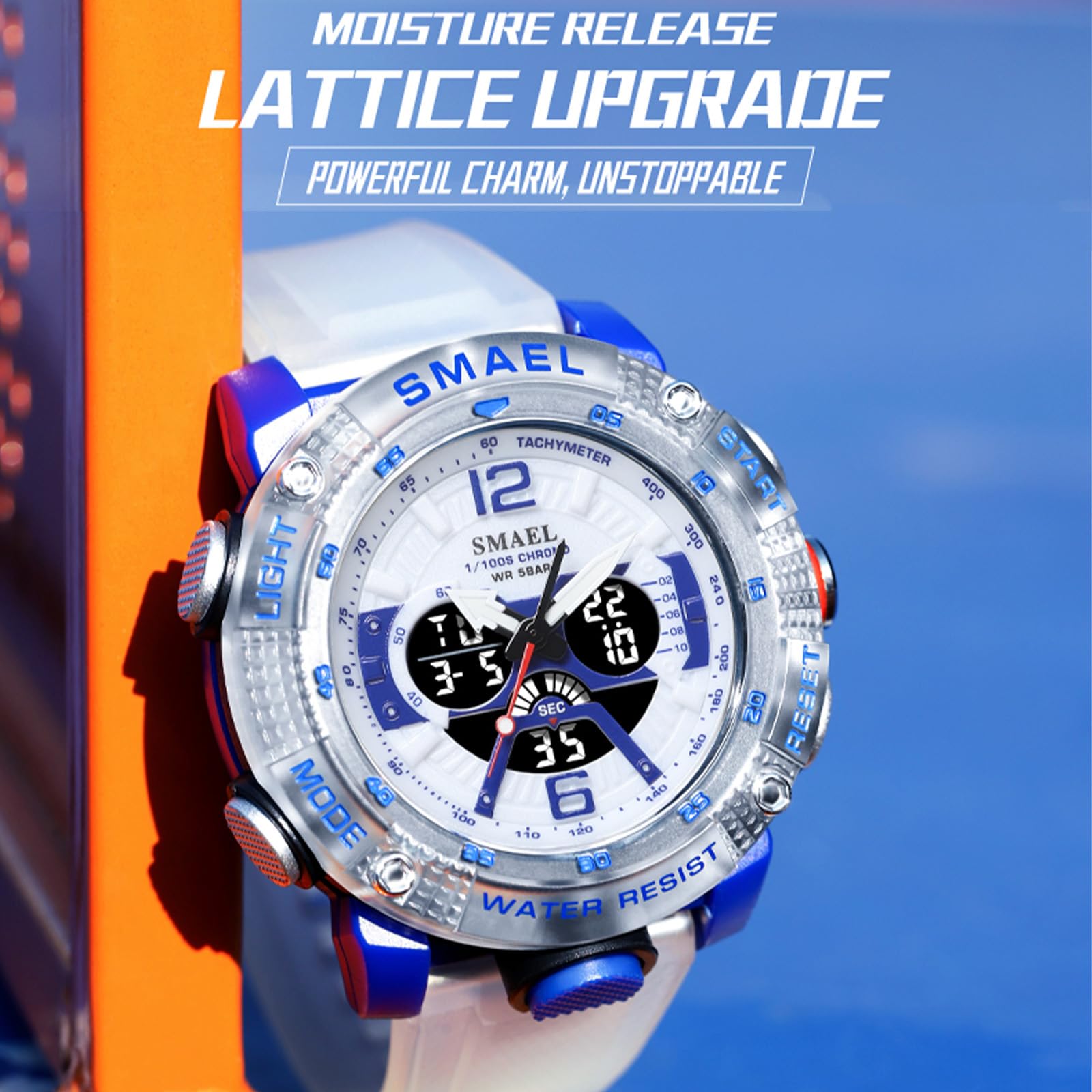 MASTOP Orologio da uomo con quadrante grande, 5 atm, per sport all'aria aperta, militare, digitale, trasparente, multifunzione, resistente all'acqua, retroilluminato, sveglia, cronometro, orologio da