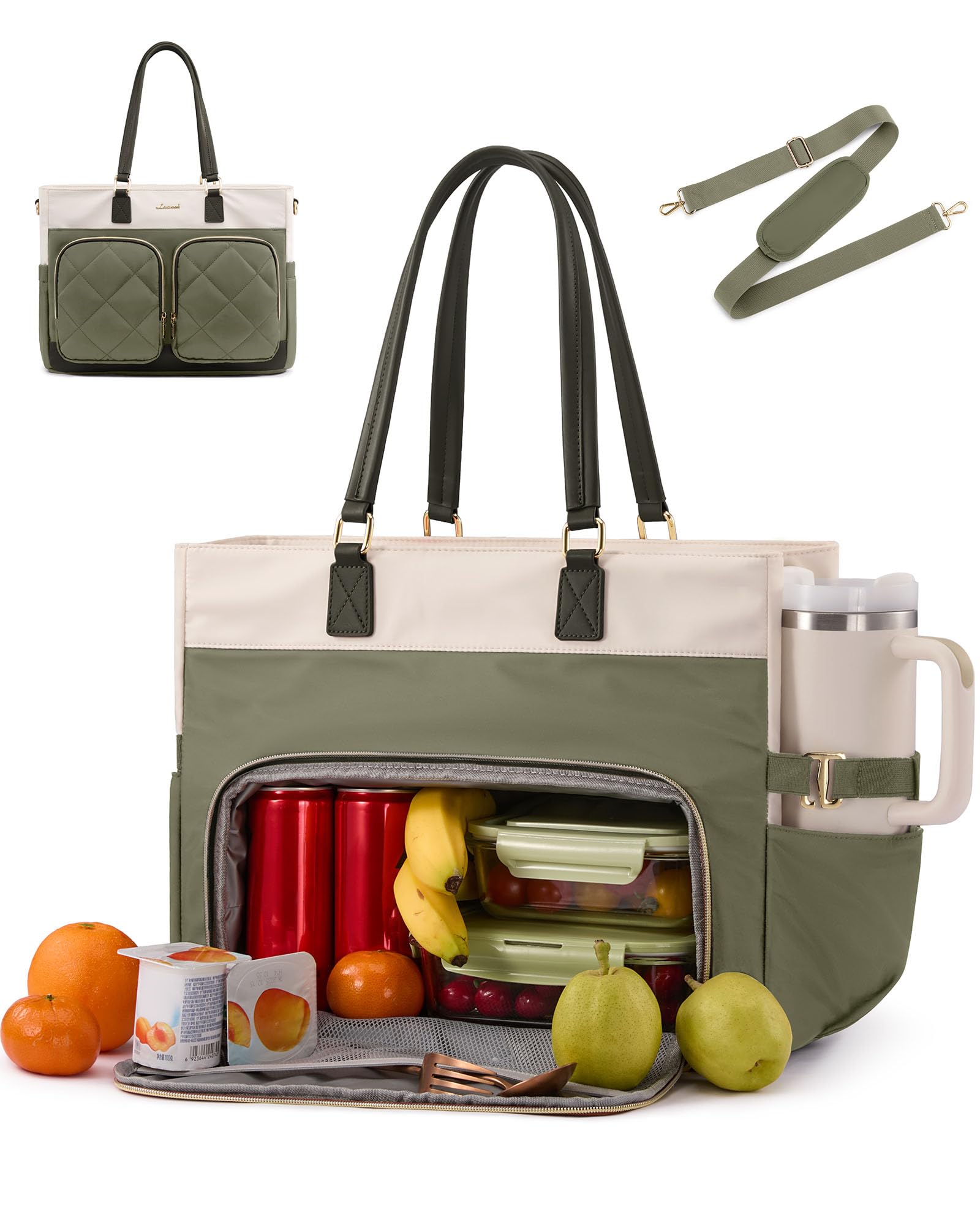 LOVEVOOK Laptop Work Tote Bag with Lunch Compartment &amp; 40oz Cup Holder