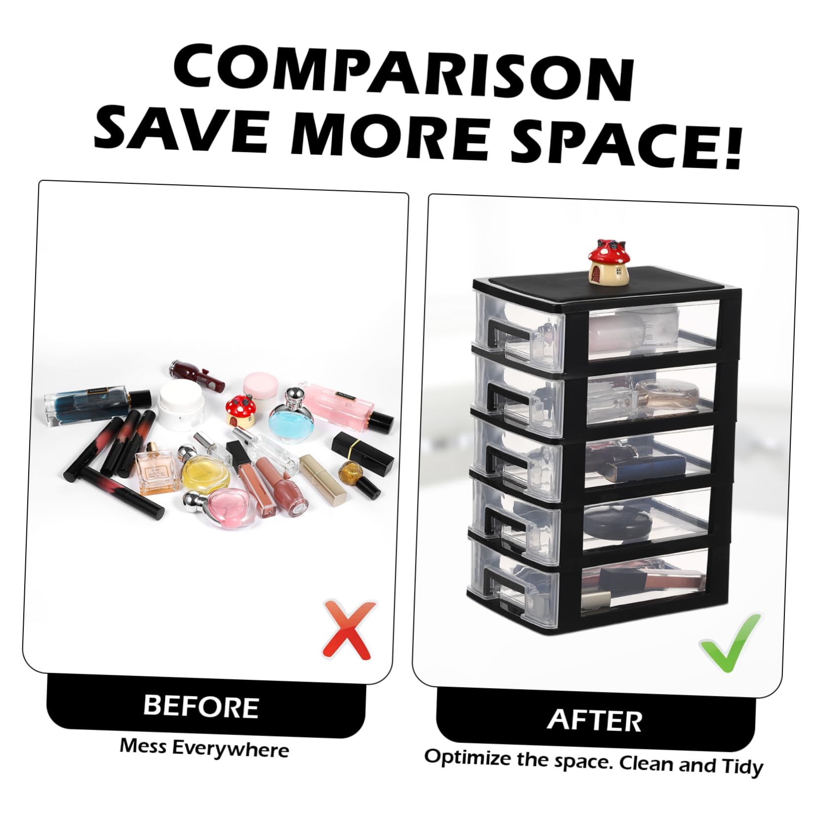 Cassettiera trasparente con 5 cassetti in plastica per cancelleria e cosmetici, piccola cassettiera da scrivania, 21,1 x 15,2 x 31,3 cm, ideale per casa e ufficio